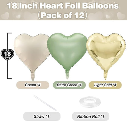 Sage Green Gold Heart Balloons, 18Inch Green Cream White Heart Helium Foil - Image 2