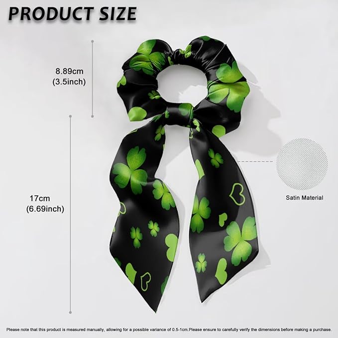 Green Four Leaf Ribbon Bow Hair Ties for Girls 2 Pcs Paw Print Scrunchies with Ribbon Tails St Patricks Theme Hair Scarf Scrunchy No Damage
