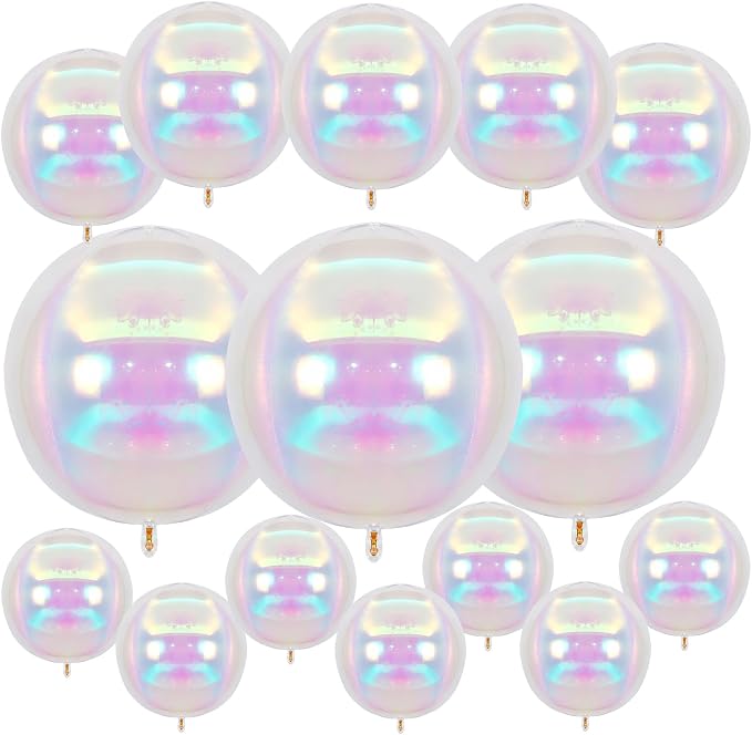 15 Pcs Iridescent Round Foil Balloons, 22/15/10 Inch 4D Ball Balloons Clear by Sowide