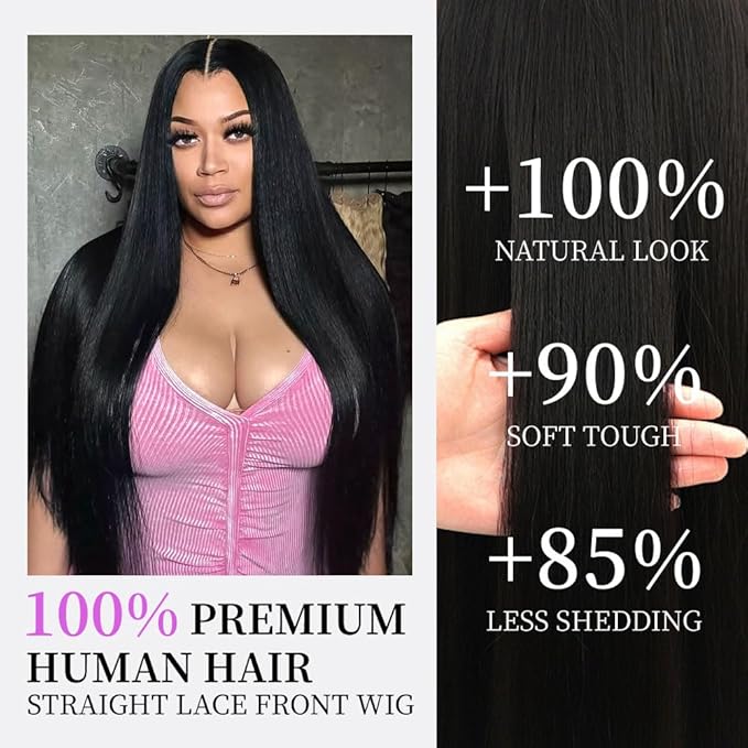 13x6 Lace Front Wigs Human Hair Full Real Virgin Hair 200% Density Straight Wigs Human Hair Pre Plucked No Tangle Shedding Silky Soft Smooth HD Lace Frontal Wigs Natural Black Color 26 Inch