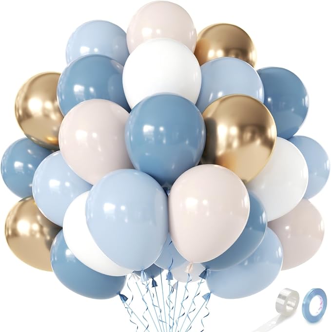 Dusty Blue and Gold Balloons, Light Blue White Sand, Party Decor | 50 Pcs 12 In by Kalyerparty