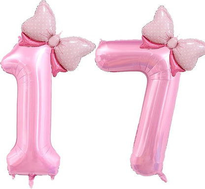 40 inch Number 17 Balloon with Bow Pink Happy Birthday Jumbo Number Balloons by OIBUTUR