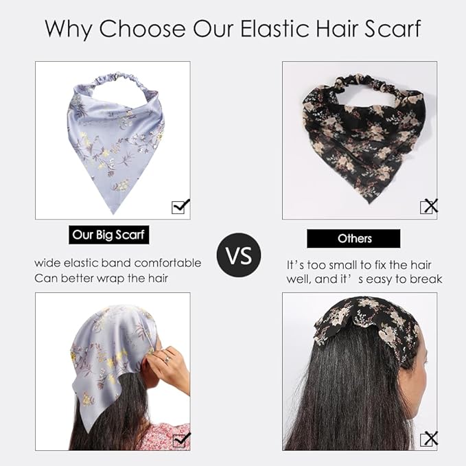 6 Pack Hair Scarf Headband for Women Elastic Bandana Head Scarf Large Boho Triangle Kerchief with Clips Non Slip Scarves
