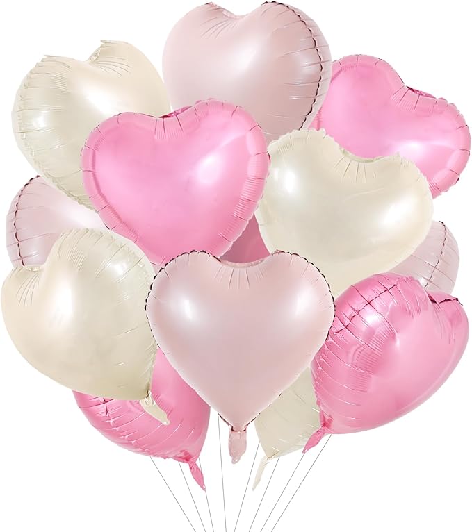 TONIFUL 15 Pcs 18 Inch Cream White Pink Heart Shape Foil Mylar Balloons | by TONIFUL