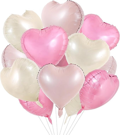 TONIFUL 15 Pcs 18 Inch Cream White Pink Heart Shape Foil Mylar Balloons | by TONIFUL