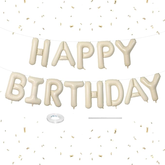 Happy Birthday Balloons Banner Beige, 16 Inch Cream White Foil Letters Birthday by Dagelar