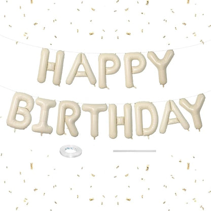 Happy Birthday Balloons Banner Beige, 16 Inch Cream White Foil Letters Birthday by Dagelar