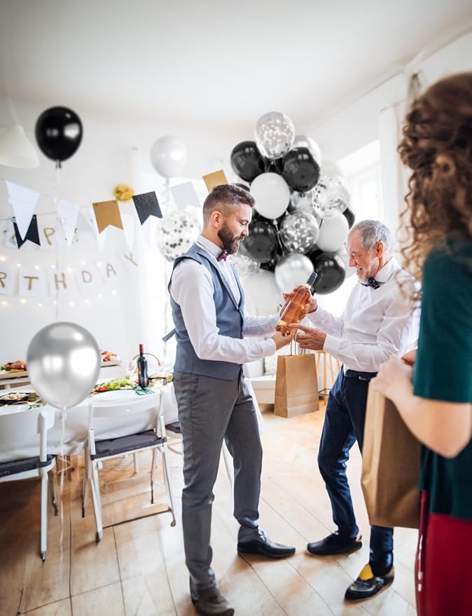 Black and Silver Balloons, Birthday Party Decor | Silver Black White & Confetti - Image 3