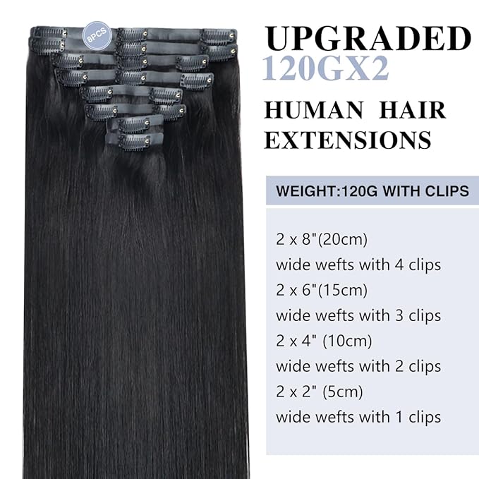 Straight Clip in Hair Extensions Real Human Hair 2 Pack 240g Seamless Clip in Hair Extensions for Women Full Max with 16Pcs PU Skin Weft 24inch Natural Black