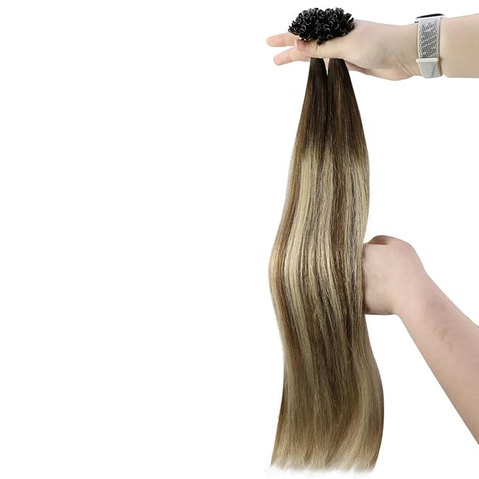YoungSee Utip Hair Extensions Balayage U Tip Hair Extensions Real Human Hair Ombre Dark Brown to Brown with Blonde Silky Straight 16In 50s/50g