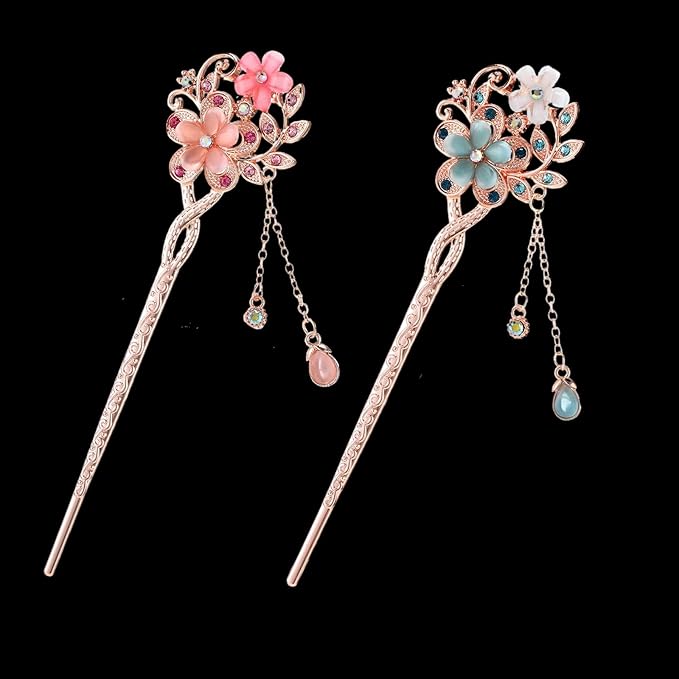 2 Pcs Chinese Hair Sticks, Rhinestone Flower Stick Retro Tassel Hair Pin Chinese Hair Chopsticks Vintage Hairpin Set for Women Wedding Accessories