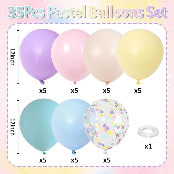 Pastel Balloons, 12 Inch Rainbow Macaron Pink Blue Teal Yellow Purple Apricot - Image 2