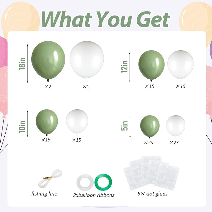 110pcs Sage Green and White Balloons Garland Arch Kit, 18/12/10/5 Inch | White - Image 2