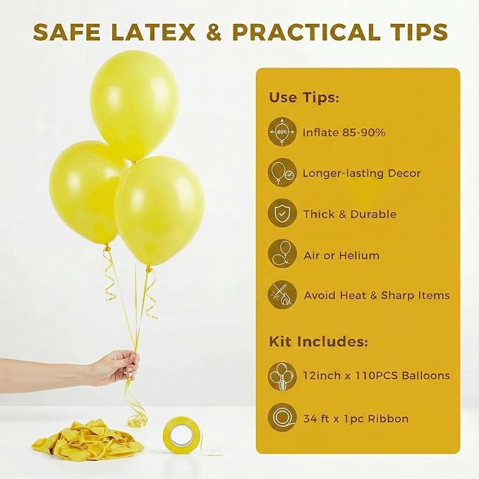 LOVESTOWN 110 PCS Lemon Yellow Balloons, 12 Inch Bright Yellow Latex | Birthday - Image 7