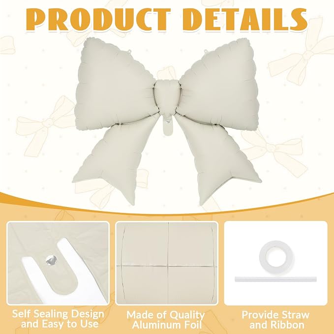 6 Pcs Beige Bow Balloons for Girls, 38 Inch Bow Foil Balloons, Bows Gender - Image 5