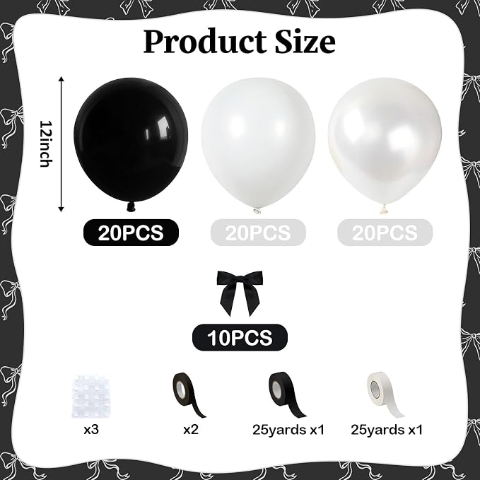 Black and White Bow Balloons 60pcs, Pearl White Black Balloons - Image 2