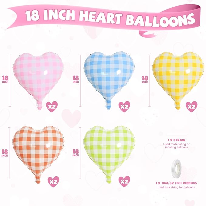 Pastel Grid Heart Balloons, 18 Inch Pink Yellow Blue Red Green Lattice Foil - Image 2