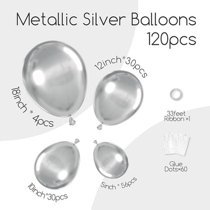 Awenztech 122pcs Metallic Silver Latex Balloons in 18 12 10 5 inches | Wedding - Image 2
