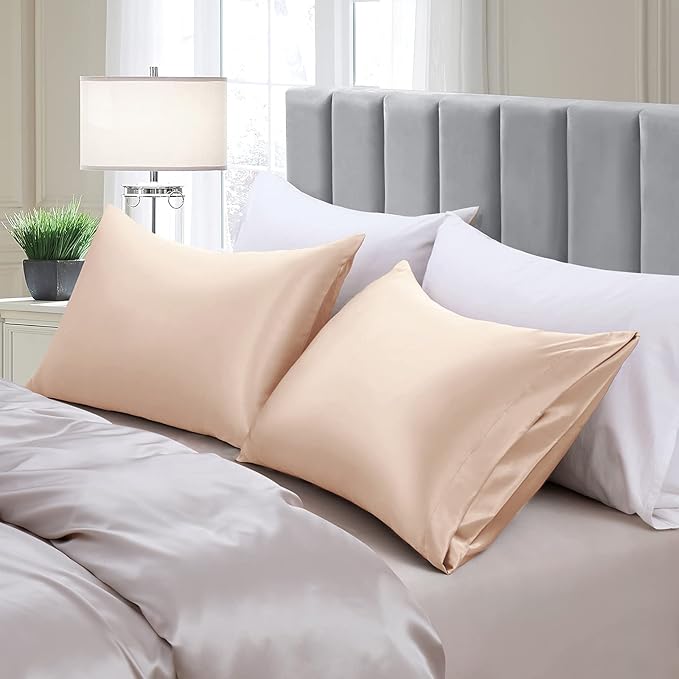 Aormenzy Beige Satin Pillowcase for Hair and Skin, Satin Pillow Cases for Women Standard Size Set of 2 with Envelope Closure Silky Pillow Covers Wrinkle, Fade Resistant (20x26 Inches)