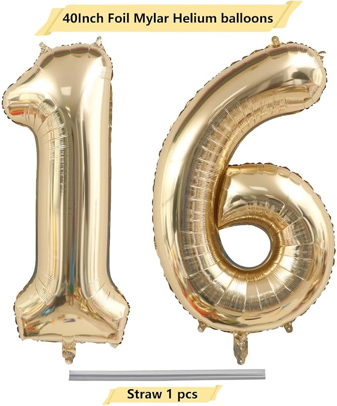 Light Gold 16 Number Balloons 40 Inch White Gold Giant 16 Foil Mylar Helium | - Image 4