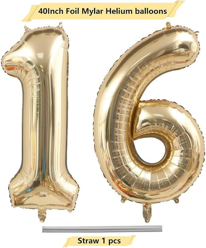 Light Gold 16 Number Balloons 40 Inch White Gold Giant 16 Foil Mylar Helium | - Image 4
