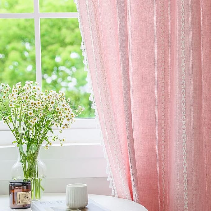 Linen Boho Pink Embroidered Curtains - Image 7