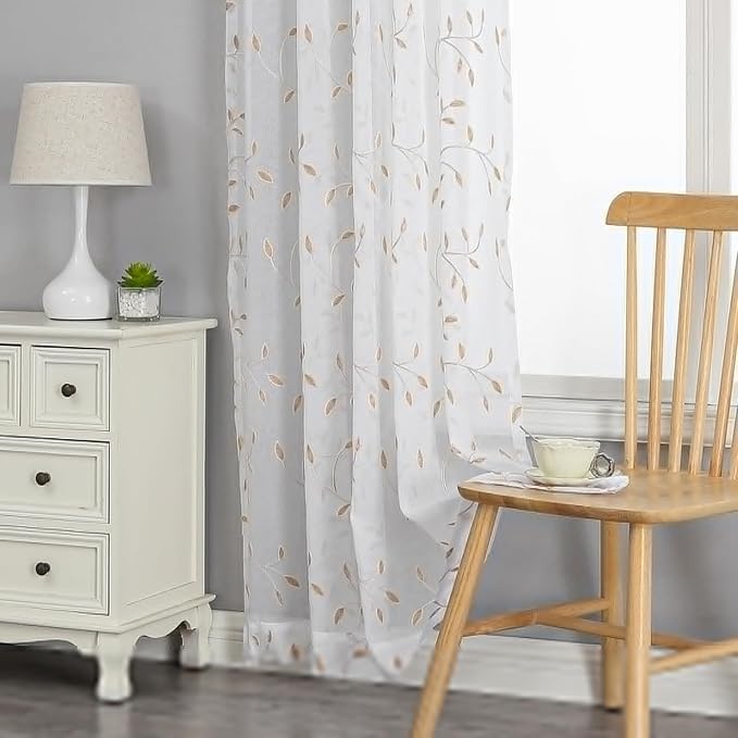 White Sheer Curtains Orange Leaf Embroidery Linen 96 Inches Long | Light - Image 7