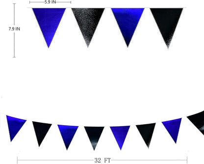 Royal Blue Black Party Decorations Navy Black Metallic Fabric Triangle Pennant - Image 2
