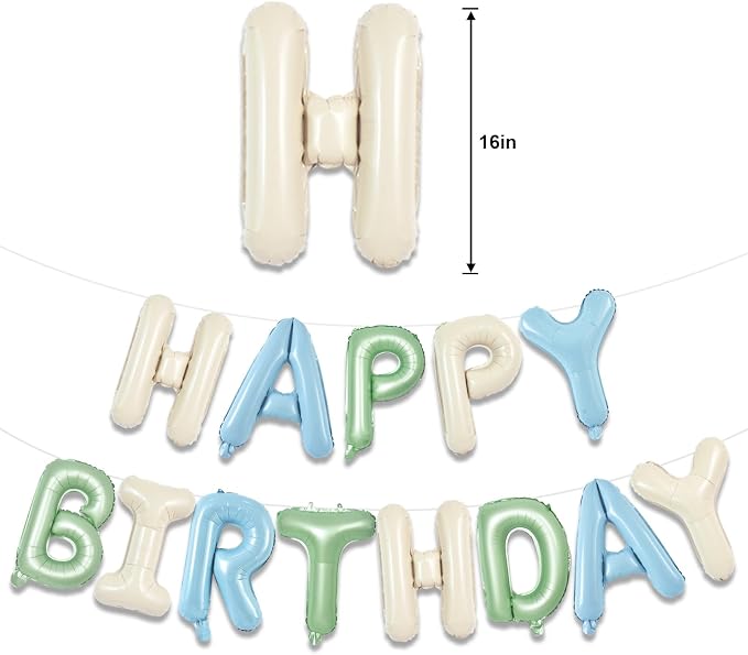 TONIFUL 16 Inch Sage Green Cream Blue Happy Birthday Balloons Banner Decor | - Image 2