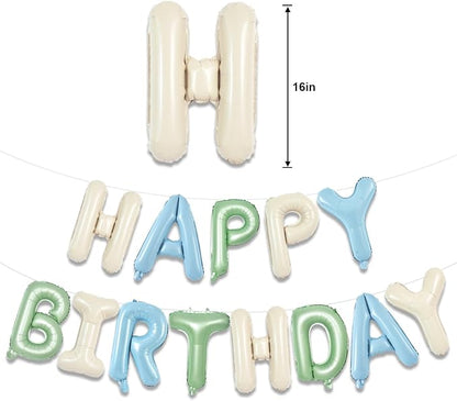 TONIFUL 16 Inch Sage Green Cream Blue Happy Birthday Balloons Banner Decor | - Image 2