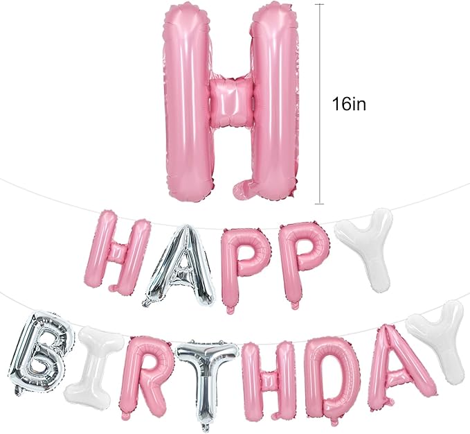 TONIFUL Pink Silver White Happy Birthday Balloons Banner Decor - Image 2