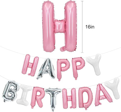 TONIFUL Pink Silver White Happy Birthday Balloons Banner Decor - Image 2