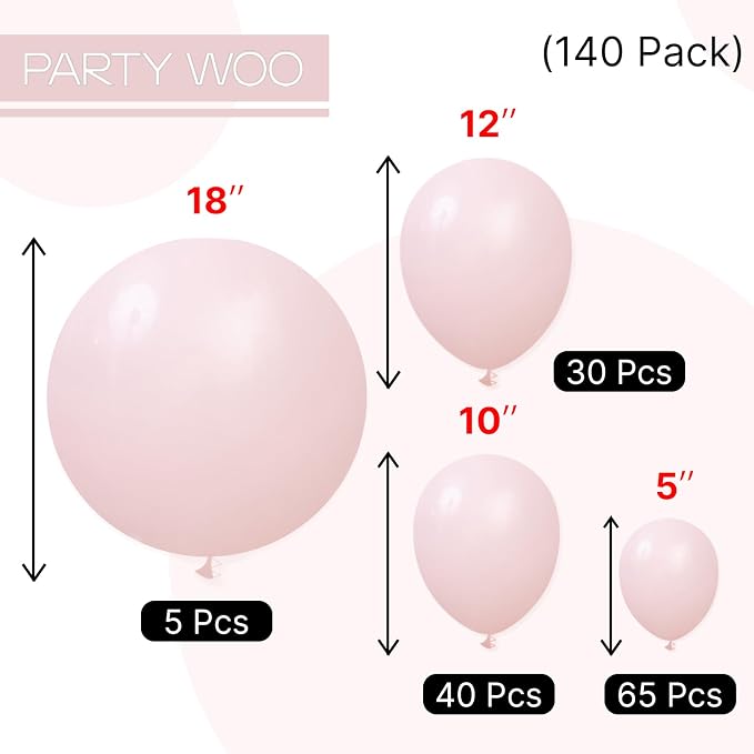 PartyWoo Baby Pink Balloons 140pcs Pastel Light Pale Pink Color | 18 12 10 5 - Image 6