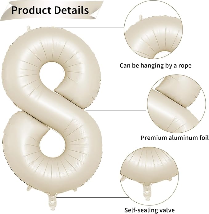 40 Inch Cream Number 8 Balloon, Digital 8 Cream White Giant 8 Foil Balloon - Image 3