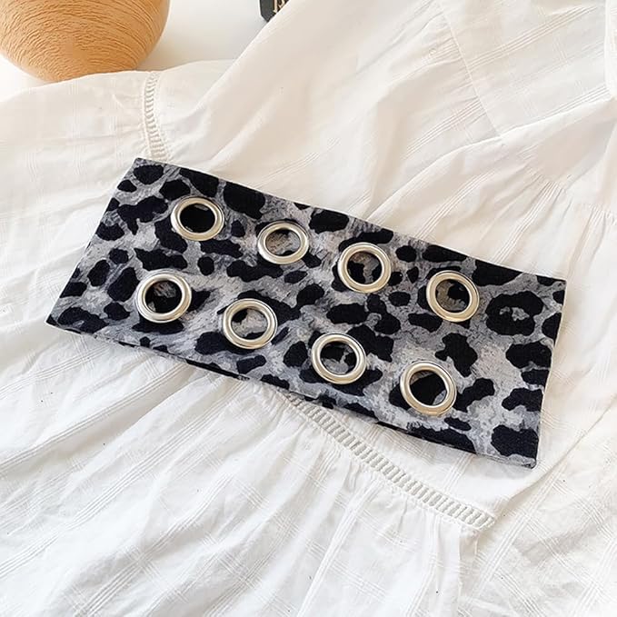 2pack Leopard Grommet Wide Headband Y2K Punk Hollow Out Eyelets Metal Hairband Leopard Print Elastic Hair Accessories For Women Girls