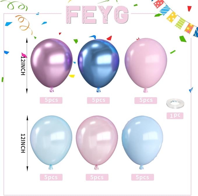 Pink and Blue Balloons, 12 Inch Metallic Baby Blue Pink Purple Balloons - Image 2