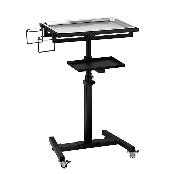 POARMEEY Salon Tray on Wheels, Premium Stainless Steel Tattoo Tray Rolling Trolley, Adjustable Service Rolling Tray Hairdresser Cart with Clinic Spa Rolling Tray Wheels (Black)