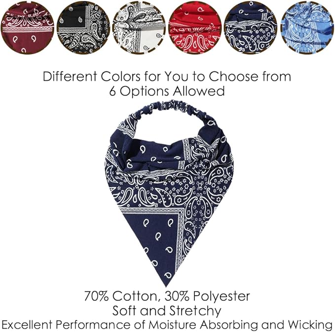 6 Pack Hair Scarf Headband for Women Elastic Bandana Head Scarf Large Boho Triangle Kerchief with Clips Non Slip Scarves