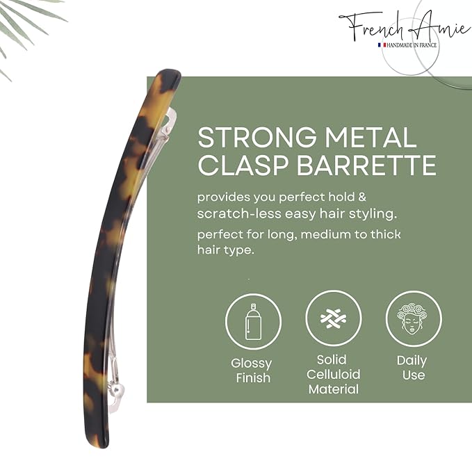 French Amie Long and Thin Large 4" Celluloid Automatic Handmade Hair Clip for Girls Strong Hold No Slip Grip Hair Claw Clips for Women, Made in France (Tokyo)