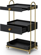 Barber Salon Trolley Cart w/Lockable Wheels, 3-Tier Rolling Beauty Cart with 2 Drawers & Dryer Holder, Mobile Beauty Trolley for Beauty Spa Barbershop(Black)