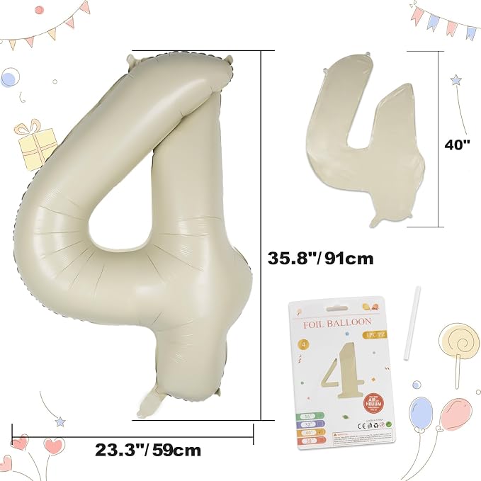 CARGEN 40 Inch Creamy White Number 4 Balloon Boho Neutral Party Decoration | - Image 3