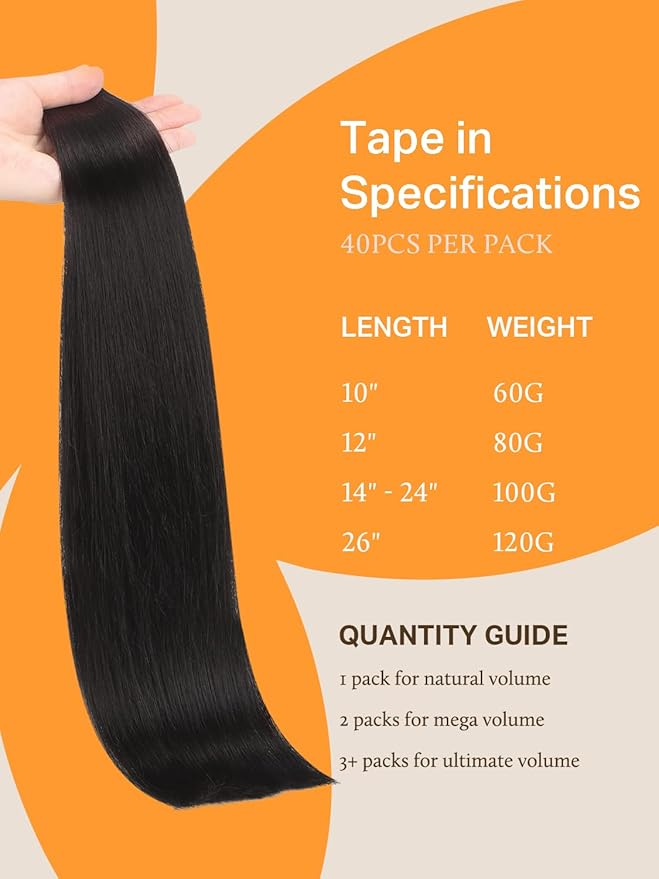 DOORES Tape-in Hair Extensions, Natural Black 26 Inch 120g 40pcs, Remy Human Hair, Long Straight, Skin Weft