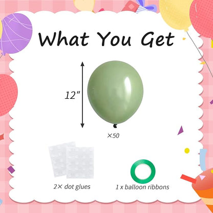 50pcs 12 Inch Sage Green Latex Party Balloons | Premium Olive Green Balloon Kit - Image 2