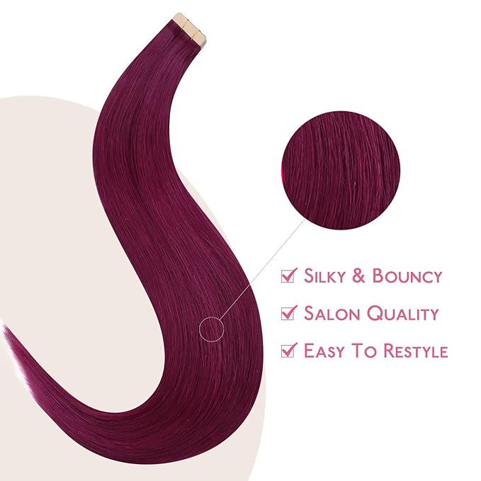 WENNALIFE Tape in Hair Extensions Human Hair Light Burgundy Tape in Extensions, 10pcs 30g 20 inch Remy Invisible Tape Ins Straight Colored Soft Real Human Hair Tape in Extensions Refill Set Extensions