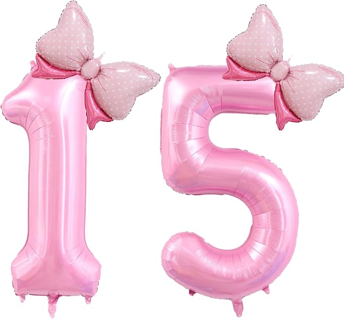 40 inch Number 15 Balloon with Bow Pink Happy Birthday Jumbo Number Balloons by OIBUTUR