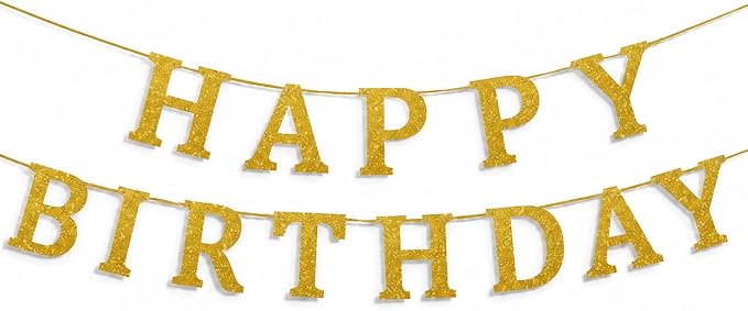 Happy Birthday Banner Gold Glitter Birthday Party Banner Pre-Strung | Happy by Unknown