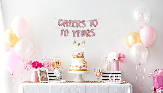 Pre-Strung Cheers to 10 Years Rose Gold Glitter Banner - Image 2
