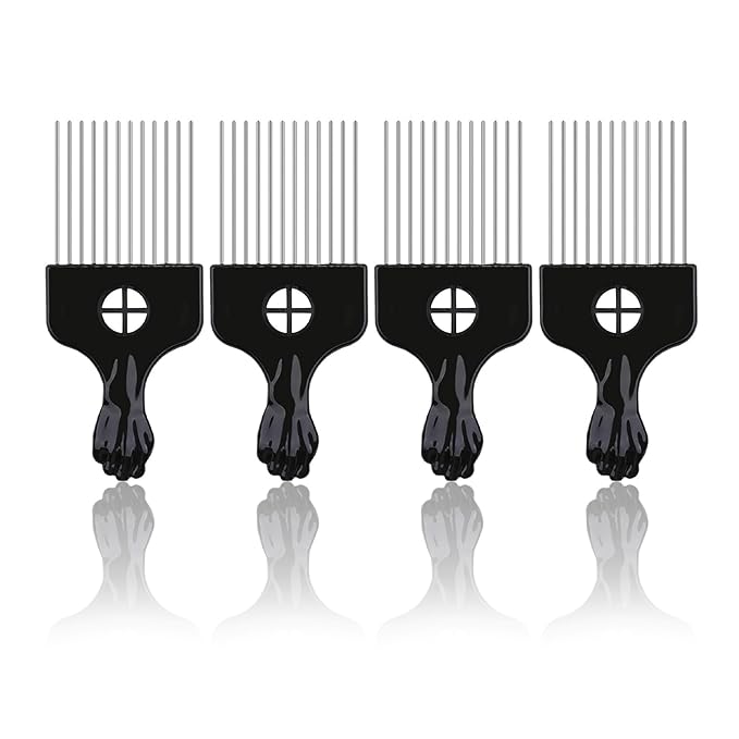 4Pcs Afro Picks Metal Hair Combs, Steel Teeth Hair Pick for Curly, Coily, Natural Hair, Detangling, Styling Comb for Men Women (Black)