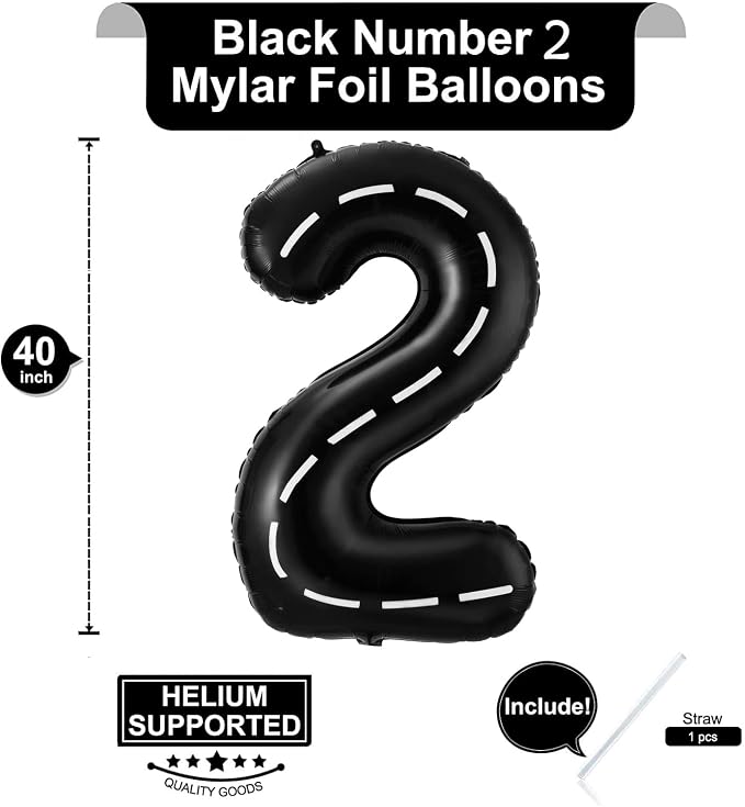 2 Balloons - Racing Car - 40 Inch - Black - 2 Balloon Number - Race Track - - Image 2