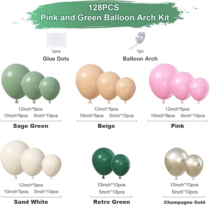 128Pcs Sage Green and Pink Balloon Arch Kit - Image 2